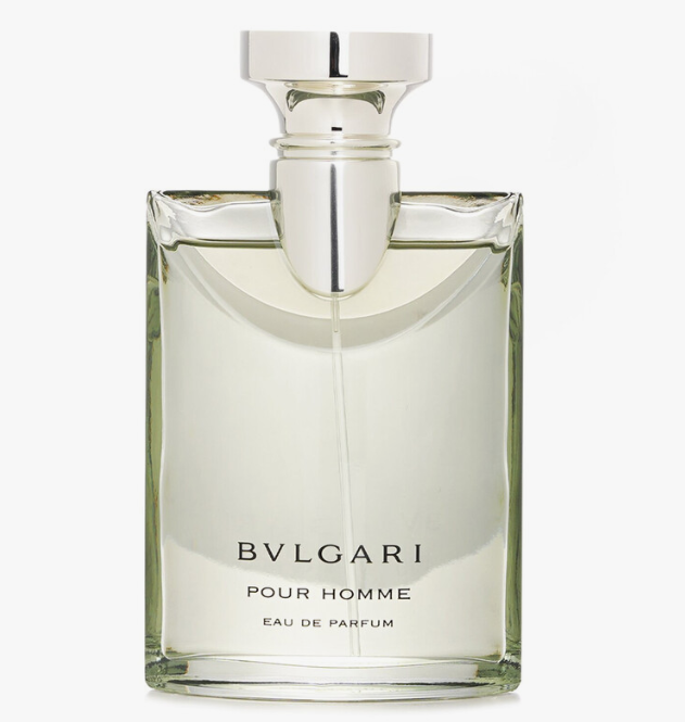 Bvlgari Pour Homme Eau de Parfum bottle with a clear glass body, pale greenish-amber liquid, and a polished silver cap, shown on a light gray background.
