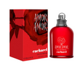 A 100ml bottle of Cacharel Amor Amor Eau de Parfum next to its red packaging box, featuring a red rose design and white lettering on a white background.