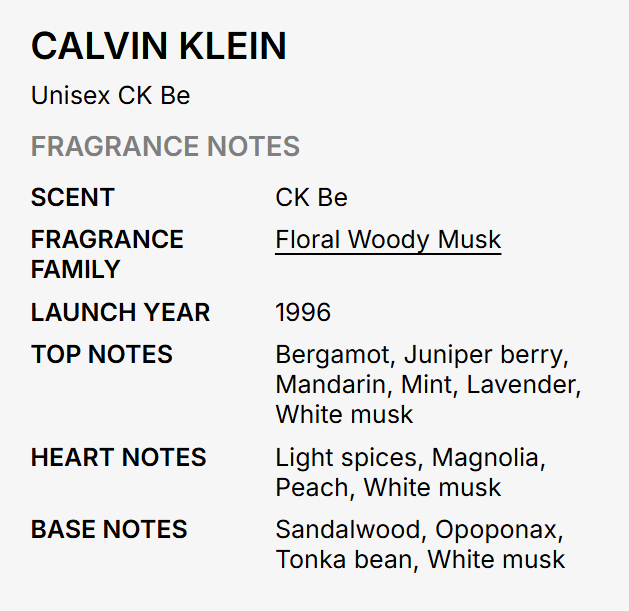 A text-based fragrance notes card for Calvin Klein Unisex CK Be, listing scent, fragrance family, launch year, top notes, heart notes, and base notes on a light gray background.