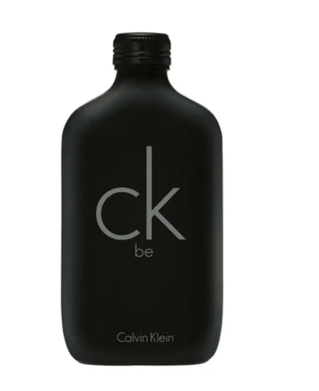 Calvin Klein CK Be fragrance bottle in matte black with a silver 'ck be' logo and white 'Calvin Klein' text, shown on a plain white background.