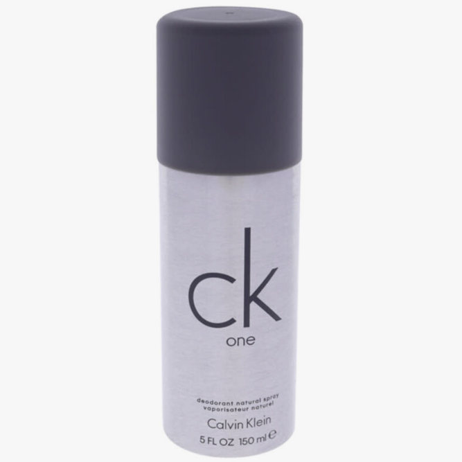 Calvin Klein CK One deodorant spray can, 5 fl oz, featuring a silver metallic body with a dark gray cap and black logo.