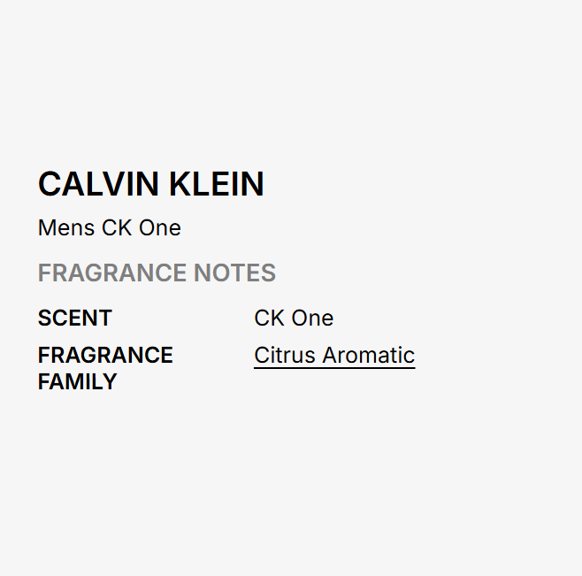 A minimalist text graphic on a light gray background reading 'CALVIN KLEIN', 'Mens' CK One', 'FRAGRANCE NOTES', and 'Citrus Aromatic'.