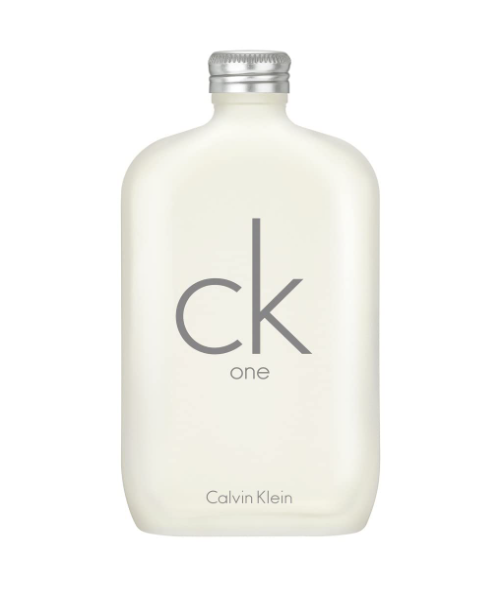 Calvin Klein CK One perfume bottle in a frosted off-white finish with a silver cap, featuring the iconic 'ck' logo on the front.