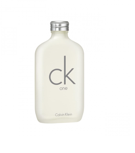 Calvin Klein CK One fragrance bottle in a frosted off-white glass with a silver metal cap, featuring the iconic 'ck' logo on the front.