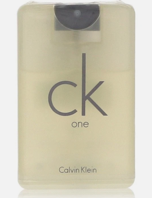 Calvin Klein CK One fragrance bottle with a translucent pale yellow body and a dark gray cap, featuring the 'ck one' logo on the front.