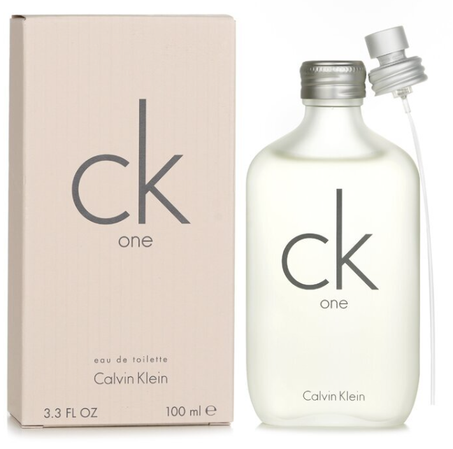 Calvin Klein CK One Eau de Toilette bottle and its packaging box. The bottle is made of frosted glass with a silver atomizer cap, and the box is a light beige color with the 'ck one' logo printed in dark gray.