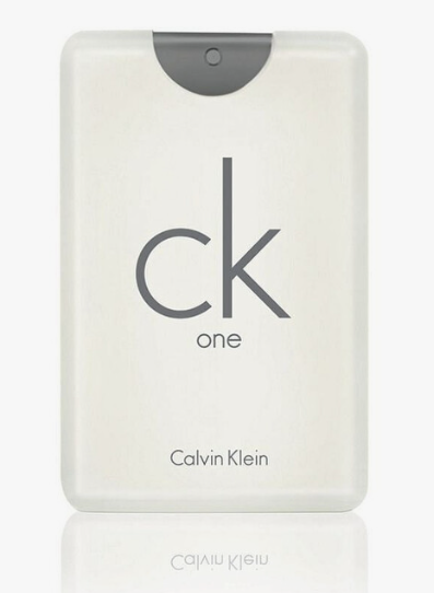 Calvin Klein CK One perfume bottle in a frosted off-white color with a dark gray cap and logo, shown on a light gray background with a soft reflection below.