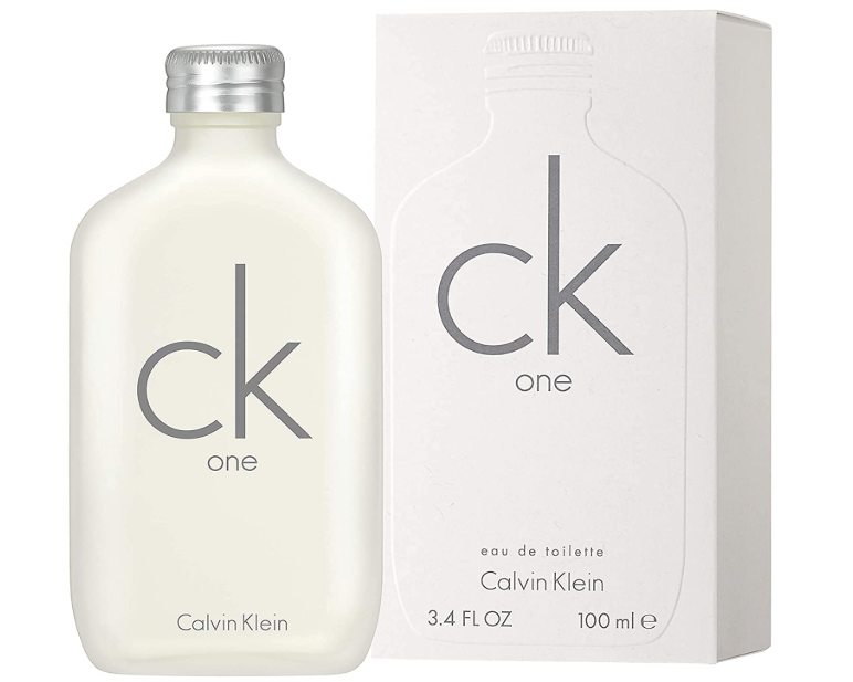 Calvin Klein CK One Eau de Toilette bottle in frosted off-white glass with a silver cap, shown next to its white packaging box on a white background.