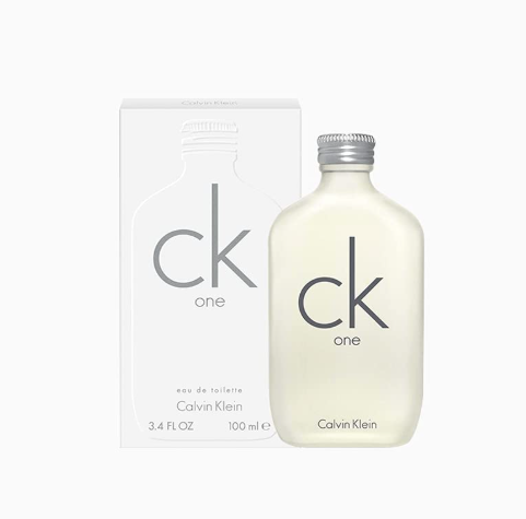 Calvin Klein CK One Eau de Toilette 100ml bottle with its white packaging box, featuring a minimalist black 'ck one' logo on a clean white background.