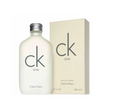 Calvin Klein CK One Eau de Toilette bottle and its matching beige packaging box, featuring the iconic 'ck one' logo on a clean white background.