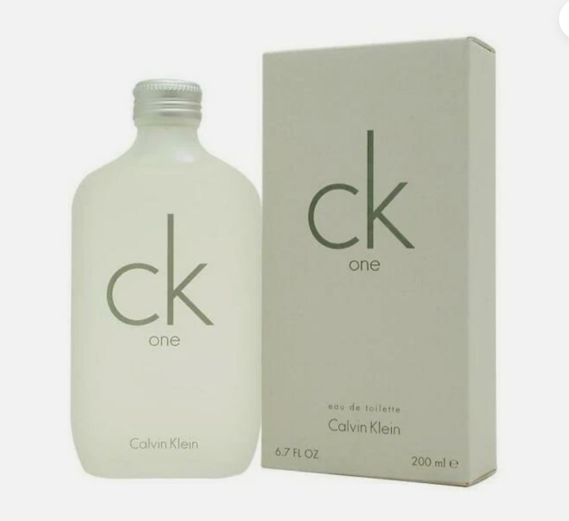 Calvin Klein CK One Eau de Toilette bottle and packaging box set, featuring a frosted white bottle and a light gray box with dark gray 'ck one' branding.