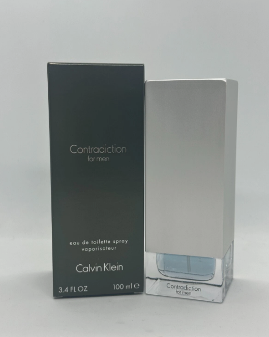 Calvin Klein Contradiction for Men eau de toilette spray 100ml, showing the dark gray packaging box next to the silver rectangular spray bottle with a clear glass base.