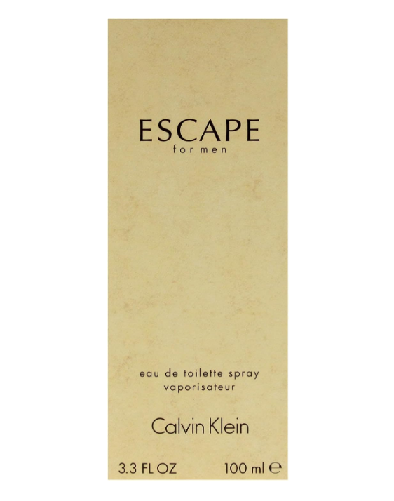 Calvin Klein Escape for men eau de toilette spray 100ml bottle packaging, featuring a textured beige/tan rectangular box with black text on a white background.