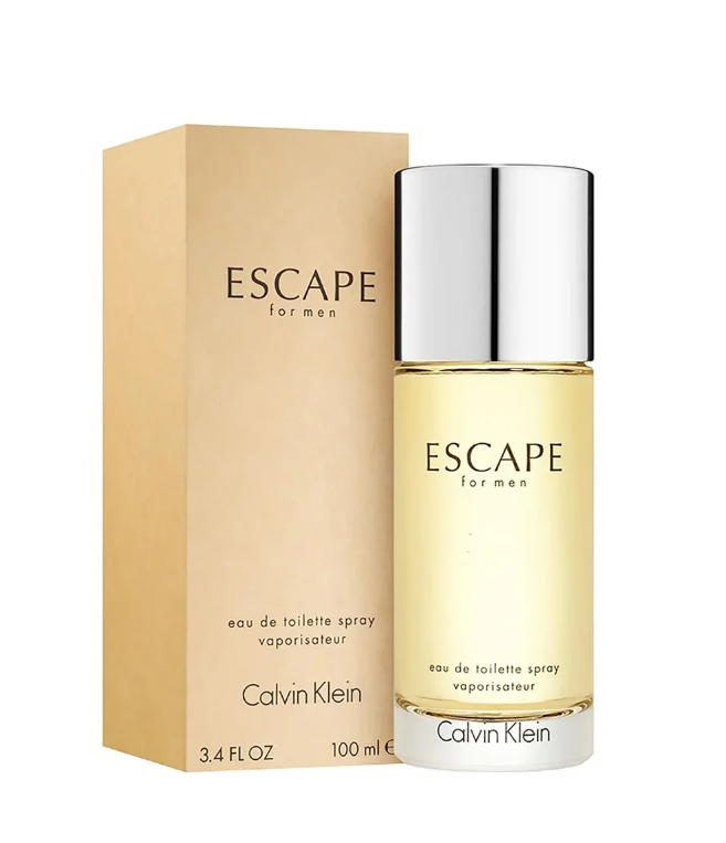 Calvin Klein Escape for Men Eau de Toilette spray bottle with a reflective silver cap next to its beige packaging box, on a white background.