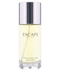 Calvin Klein Escape for Men Eau de Toilette spray bottle with a reflective silver cap and pale yellow liquid inside a clear glass bottle.