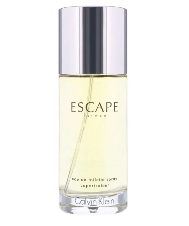 Calvin Klein Escape for Men Eau de Toilette spray bottle with a reflective silver cap and pale yellow liquid inside a clear glass bottle.