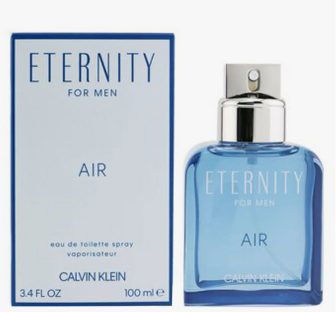 Calvin Klein Eternity For Men Air Eau de Toilette spray bottle and its packaging box. The bottle is a translucent light blue with a silver spray cap, and the box is white with blue text.
