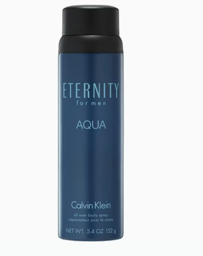 Calvin Klein Eternity for Men Aqua oil over body spray in a dark blue aerosol can with a black cap, on a white background.