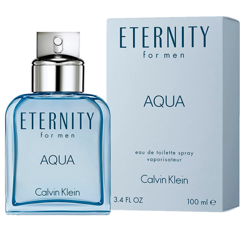 Calvin Klein Eternity Aqua Perfume for Men 3.4oz 100ml EDT – single bottle on white background, fresh aquatic oceanic invigorating clean masculine fragrance spray