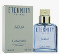 Calvin Klein Eternity for Men Aqua Eau de Toilette spray bottle and its packaging box, featuring a light blue glass bottle with a gold spray cap and a light gray box.