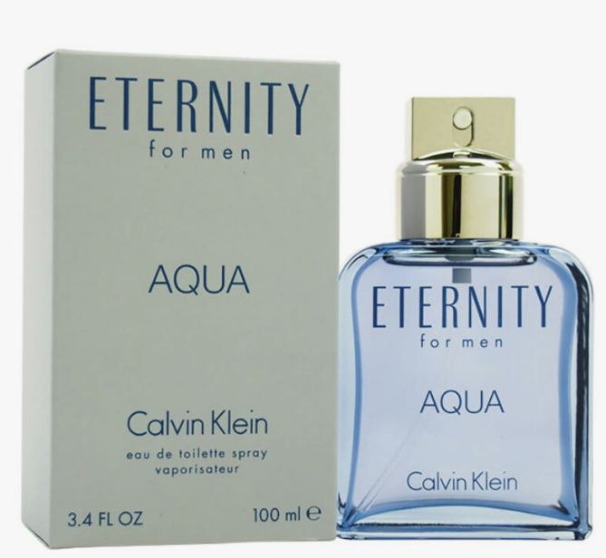 Calvin Klein Eternity for Men Aqua Eau de Toilette spray bottle and its packaging box, featuring a light blue glass bottle with a gold spray cap and a light gray box.