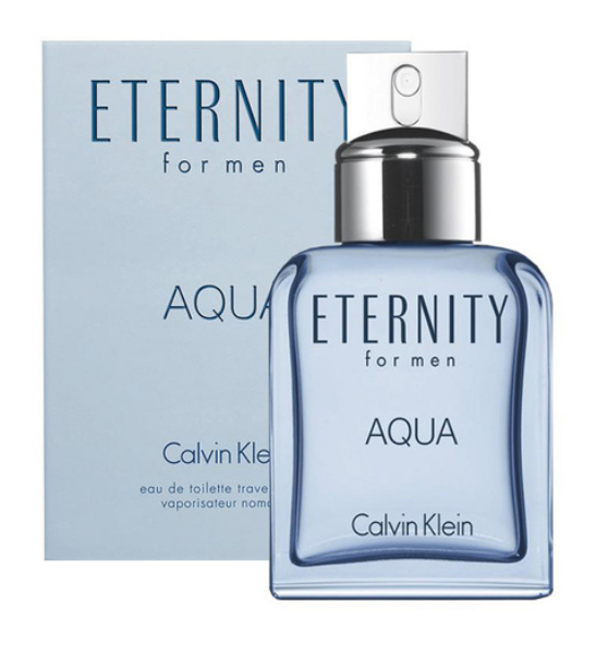 Calvin Klein Eternity for Men Aqua Eau de Toilette bottle in front of its light blue packaging box, on a white background.