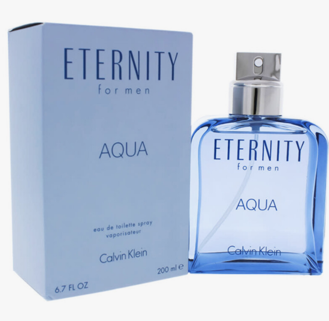 Calvin Klein Eternity for Men Aqua Eau de Toilette spray bottle and its light blue packaging box, shown on a clean white background.