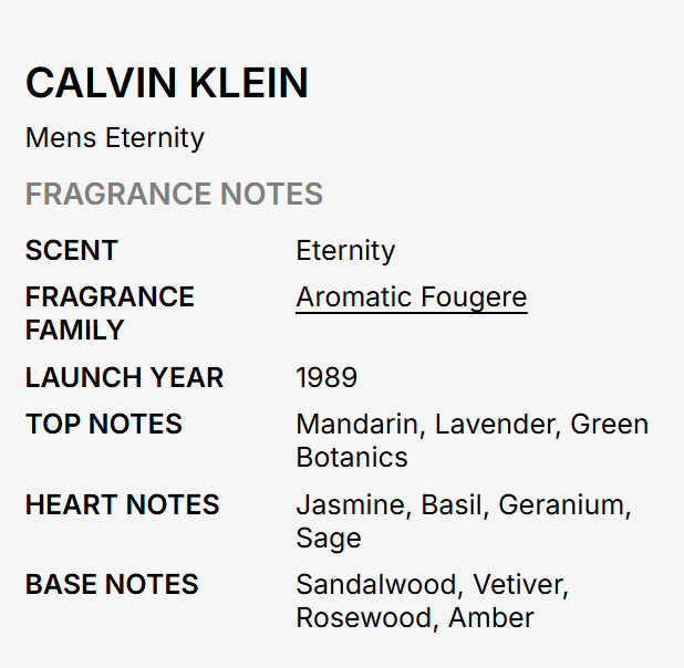 A text-based fragrance notes card for Calvin Klein Mens Eternity, listing scent as Eternity, fragrance family as Aromatic Fougere, launch year 1989, and top/heart/base notes in black text on a light gray background.