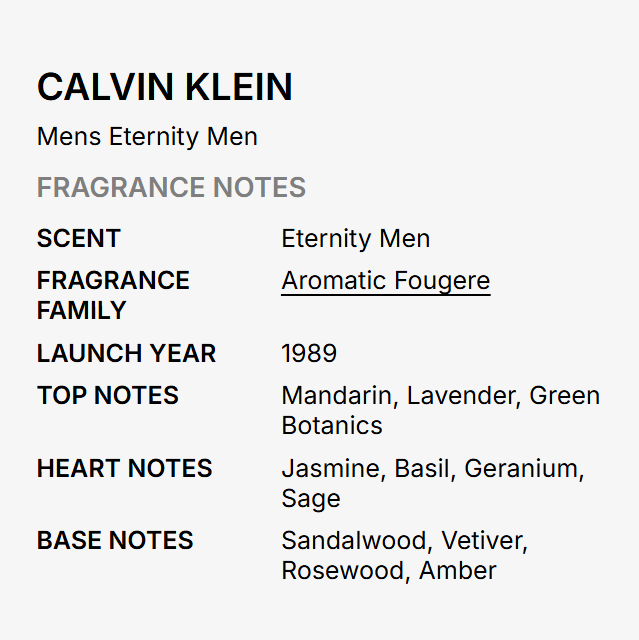 A text-based fragrance notes card for Calvin Klein's Mens Eternity Men, detailing the scent as Eternity Men, categorized under Aromatic Fougere, with launch year 1989 and key notes listed.