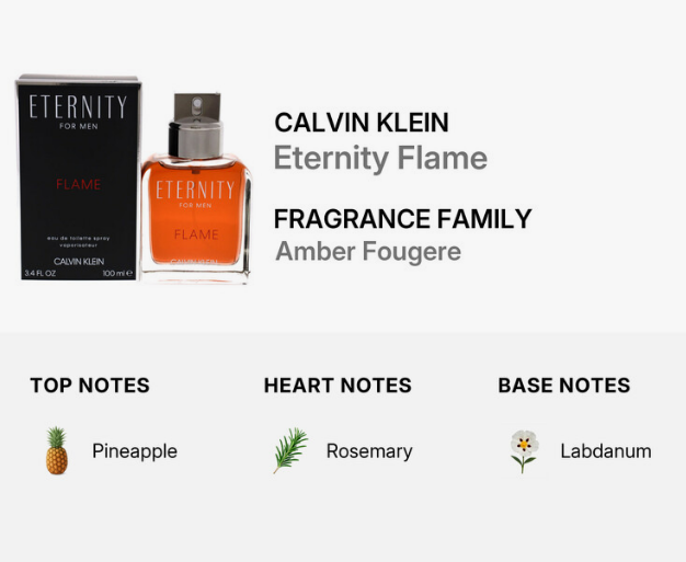 Calvin Klein Eternity Flame fragrance bottle and box on a light gray background with text listing the fragrance family and top, heart, and base notes.
