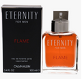 Calvin Klein Eternity For Men Flame eau de toilette spray 100ml, showing the black packaging box with red and white text alongside the clear glass spray bottle filled with orange-amber liquid and a silver atomizer cap.