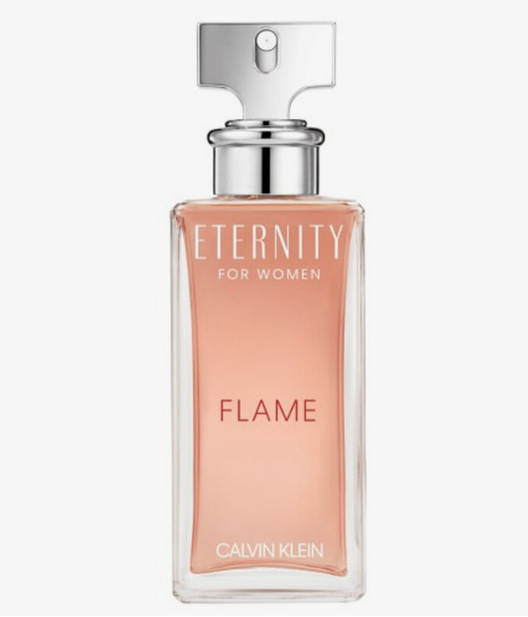 Calvin Klein Eternity For Women Flame fragrance bottle, featuring a peach-colored liquid in a clear rectangular glass bottle with a silver metallic cap, set against a plain light gray background.
