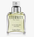Calvin Klein Eternity for men eau de toilette spray in a clear glass bottle with a silver spray cap, filled with pale yellow-green liquid, on a light gray background.