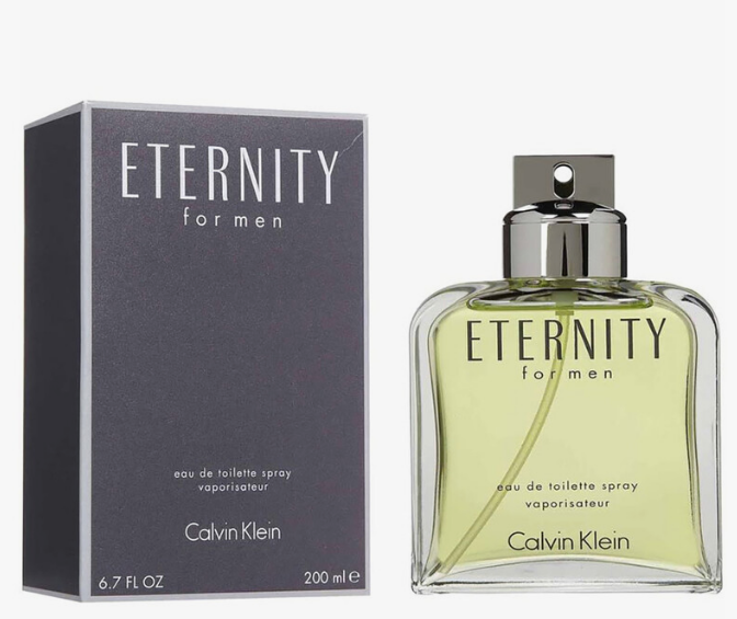 Calvin Klein Eternity for men Eau de Toilette spray bottle with its dark gray packaging box, shown on a light gray background.