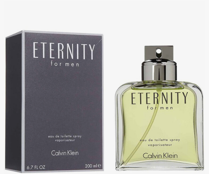 Calvin Klein Eternity for Men Eau de Toilette spray bottle with its dark gray packaging box, shown on a light gray background.