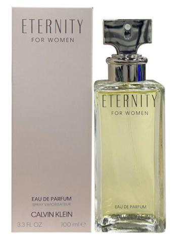 Calvin Klein Eternity For Women Eau De Parfum 100ml bottle with its matching light pink packaging box, shown on a white background.