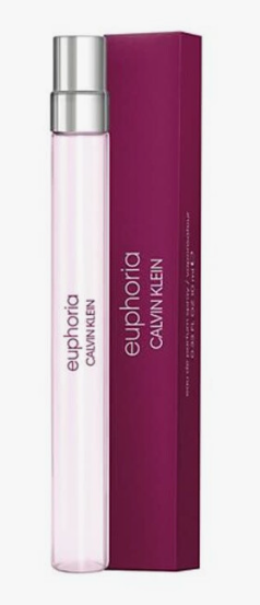 Calvin Klein Euphoria perfume spray bottle next to its magenta packaging box, on a plain white background.