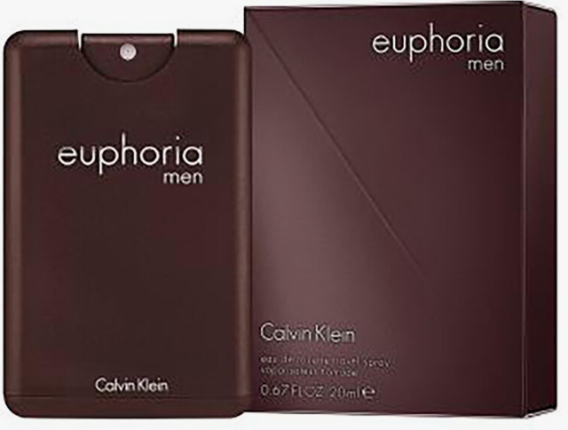 Calvin Klein Euphoria Men Eau de Toilette spray bottle next to its matching dark brown box, featuring white text on a dark brown background.