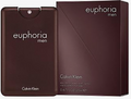 Calvin Klein Euphoria Men Eau de Toilette spray bottle next to its matching dark brown box, featuring white text on a dark brown background.