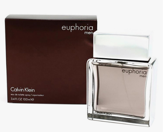 Calvin Klein Euphoria Men Eau de Toilette spray bottle and its dark brown packaging box, shown on a clean white background.
