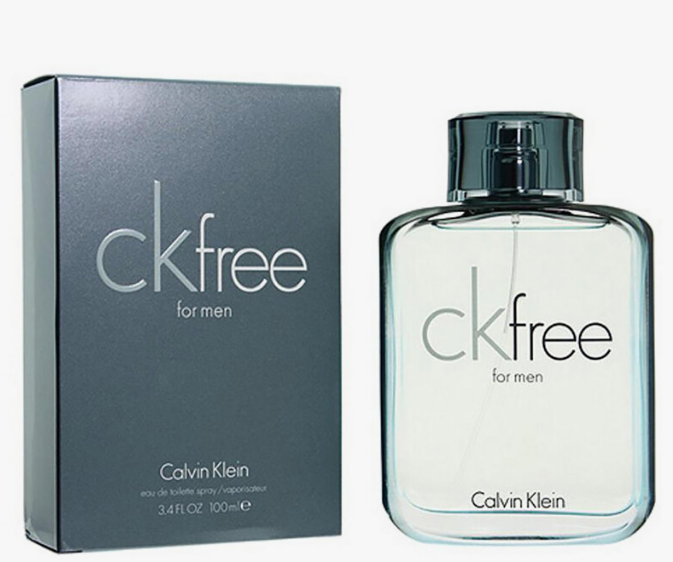 Calvin Klein ckfree for men eau de toilette spray bottle next to its dark gray packaging box, on a white background.