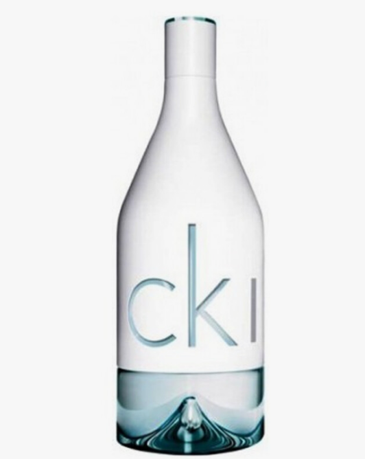 A minimalist clear glass bottle with a white cap and a large stylized 'ck1' logo on the front, set against a plain white background.