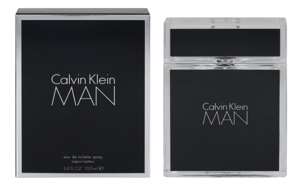 Calvin Klein MAN Eau de Toilette spray bottle and its matching black packaging box, featuring white text on a clean white background.