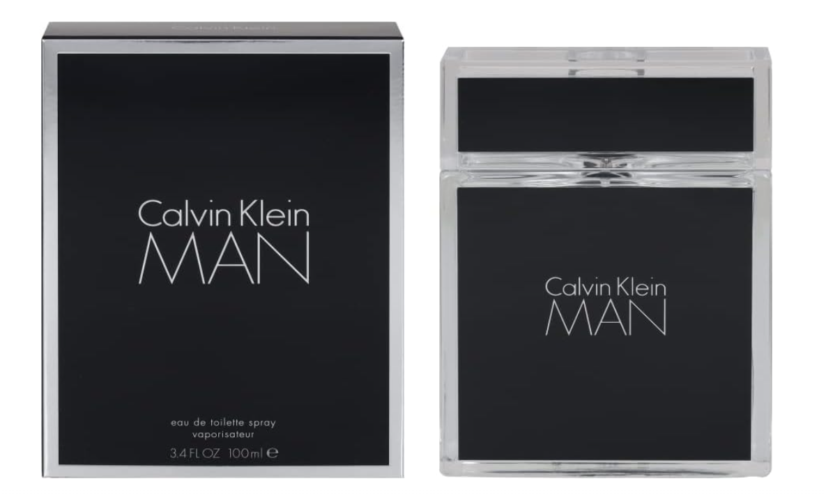 Calvin Klein MAN Eau de Toilette spray bottle and its matching black packaging box, featuring white text on a clean white background.