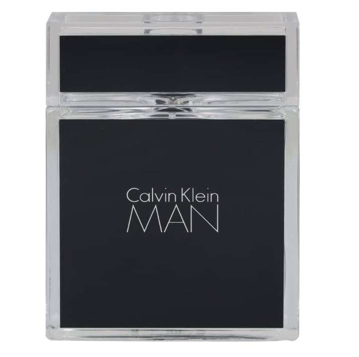 Calvin Klein MAN perfume bottle with a clear acrylic outer frame and a matte black front panel featuring the white brand logo.