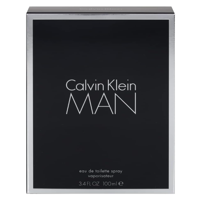 Calvin Klein MAN Eau de Toilette Spray box, 3.4 fl oz (100ml), featuring a black front panel with silver metallic borders and white text.