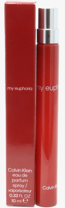 Calvin Klein My Euphoria Eau de Parfum 10ml spray bottle with its red packaging box, featuring a glossy red finish and silver atomizer cap.