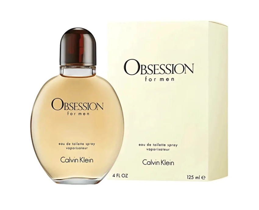Calvin Klein Obsession for Men Eau de Toilette spray bottle with its cream-colored packaging box, displayed on a clean white background.