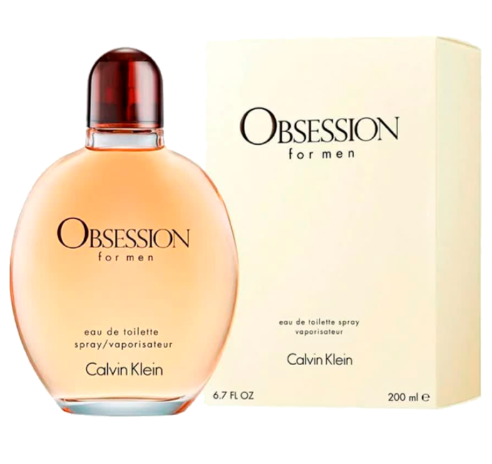 Calvin Klein Obsession for Men Eau de Toilette bottle and packaging box. The bottle is a rounded, translucent peach-colored glass with a dark amber-red cap, and the box is a pale cream color with black text.