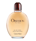 Calvin Klein Obsession for men eau de toilette spray in a clear glass bottle with a warm peach-tan liquid, a dark brown cap, and black lettering on a white background.